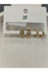Bijuteri Gold Taşlı - İncili - Kalp ve Kelebek Desenli Sallantılı Çoklu Metal Kadın Küpe Jewelry