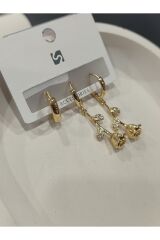 Bijuteri Gold Taşlı - İncili - Kalp ve Kelebek Desenli Sallantılı Çoklu Metal Kadın Küpe Jewelry