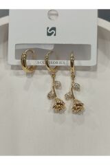Bijuteri Gold Taşlı - İncili - Kalp ve Kelebek Desenli Sallantılı Çoklu Metal Kadın Küpe Jewelry