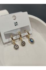 Bijuteri Gold Taşlı - İncili - Kalp ve Kelebek Desenli Sallantılı Çoklu Metal Kadın Küpe Jewelry