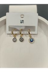 Bijuteri Gold Taşlı - İncili - Kalp ve Kelebek Desenli Sallantılı Çoklu Metal Kadın Küpe Jewelry