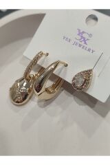 Bijuteri Gold Taşlı - İncili - Kalp ve Kelebek Desenli Sallantılı Çoklu Metal Kadın Küpe Jewelry