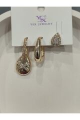 Bijuteri Gold Taşlı - İncili - Kalp ve Kelebek Desenli Sallantılı Çoklu Metal Kadın Küpe Jewelry