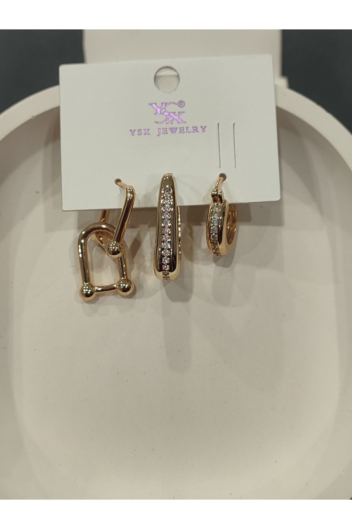 Bijuteri Gold Taşlı - İncili - Kalp ve Kelebek Desenli Sallantılı Çoklu Metal Kadın Küpe Jewelry