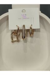 Bijuteri Gold Taşlı - İncili - Kalp ve Kelebek Desenli Sallantılı Çoklu Metal Kadın Küpe Jewelry