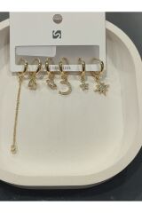 Bijuteri Gold Taşlı - İncili - Kalp ve Kelebek Desenli Sallantılı Çoklu Metal Kadın Küpe Jewelry