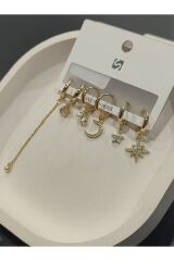 Bijuteri Gold Taşlı - İncili - Kalp ve Kelebek Desenli Sallantılı Çoklu Metal Kadın Küpe Jewelry