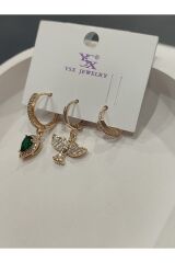 Bijuteri Gold Taşlı - İncili - Kalp ve Kelebek Desenli Sallantılı Çoklu Metal Kadın Küpe Jewelry