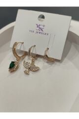 Bijuteri Gold Taşlı - İncili - Kalp ve Kelebek Desenli Sallantılı Çoklu Metal Kadın Küpe Jewelry