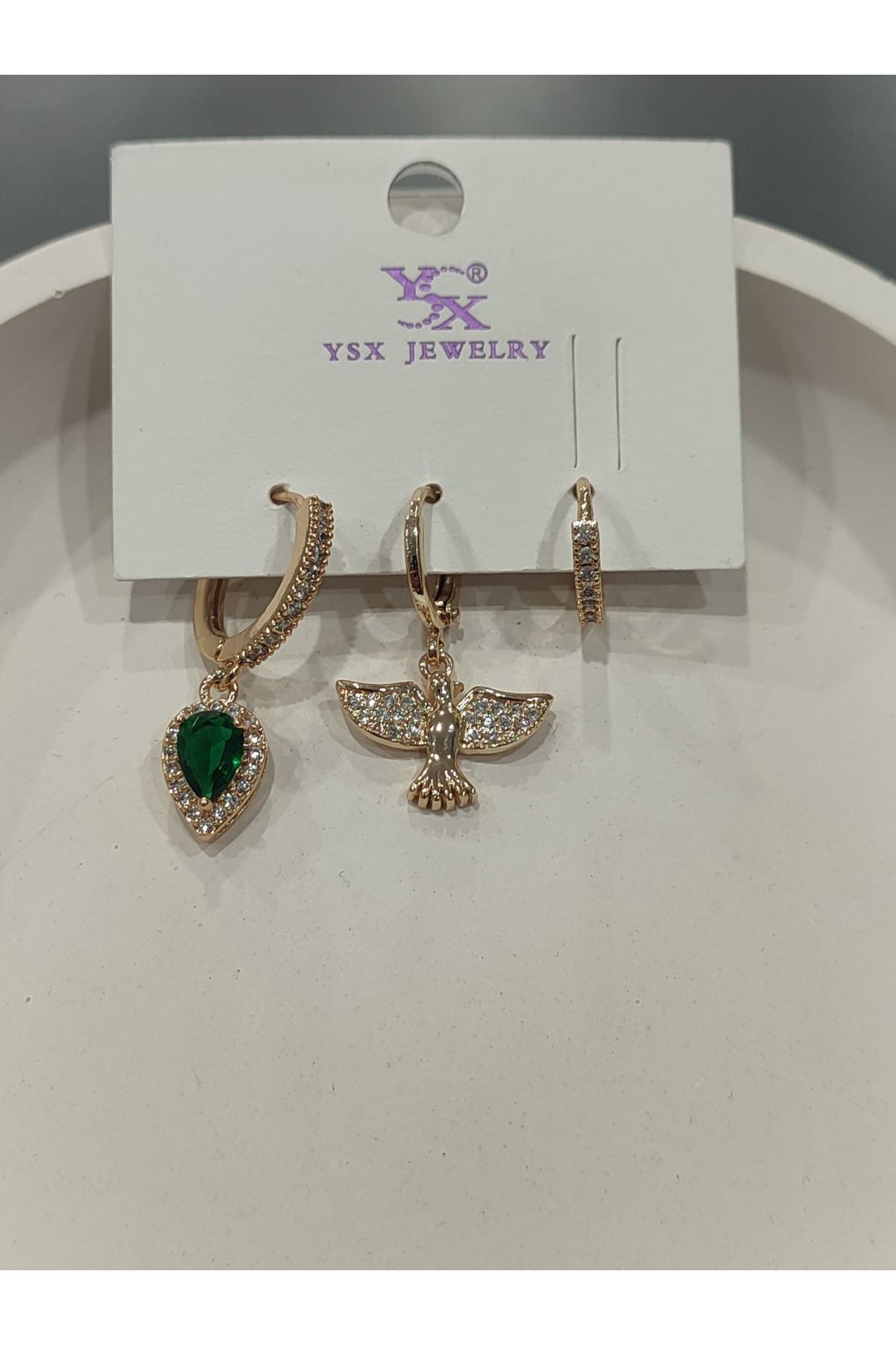 Bijuteri Gold Taşlı - İncili - Kalp ve Kelebek Desenli Sallantılı Çoklu Metal Kadın Küpe Jewelry