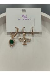 Bijuteri Gold Taşlı - İncili - Kalp ve Kelebek Desenli Sallantılı Çoklu Metal Kadın Küpe Jewelry