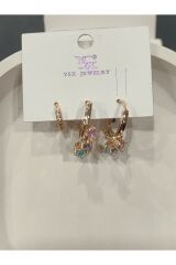 Bijuteri Gold Taşlı - İncili - Kalp ve Kelebek Desenli Sallantılı Çoklu Metal Kadın Küpe Jewelry