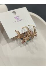 Bijuteri Gold Taşlı - İncili - Kalp ve Kelebek Desenli Sallantılı Çoklu Metal Kadın Küpe Jewelry