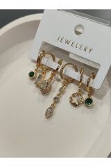 Bijuteri Gold Taşlı - İncili - Kalp ve Kelebek Desenli Sallantılı Çoklu Metal Kadın Küpe Jewelry