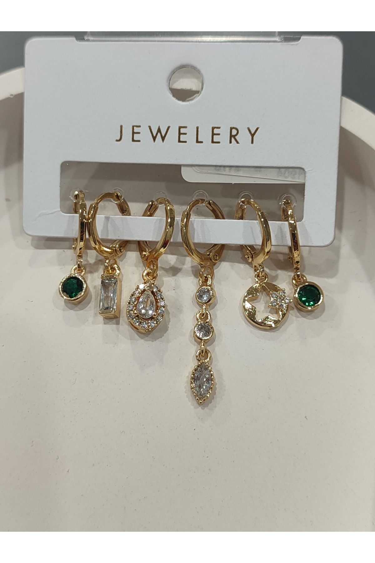 Bijuteri Gold Taşlı - İncili - Kalp ve Kelebek Desenli Sallantılı Çoklu Metal Kadın Küpe Jewelry