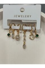 Bijuteri Gold Taşlı - İncili - Kalp ve Kelebek Desenli Sallantılı Çoklu Metal Kadın Küpe Jewelry