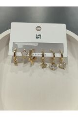 Bijuteri Gold Taşlı - İncili - Kalp ve Kelebek Desenli Sallantılı Çoklu Metal Kadın Küpe Jewelry