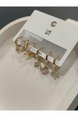 Bijuteri Gold Taşlı - İncili - Kalp ve Kelebek Desenli Sallantılı Çoklu Metal Kadın Küpe Jewelry