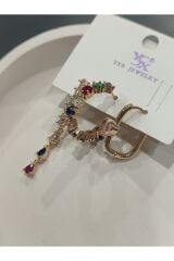 Bijuteri Gold Taşlı - İncili - Kalp ve Kelebek Desenli Sallantılı Çoklu Metal Kadın Küpe Jewelry