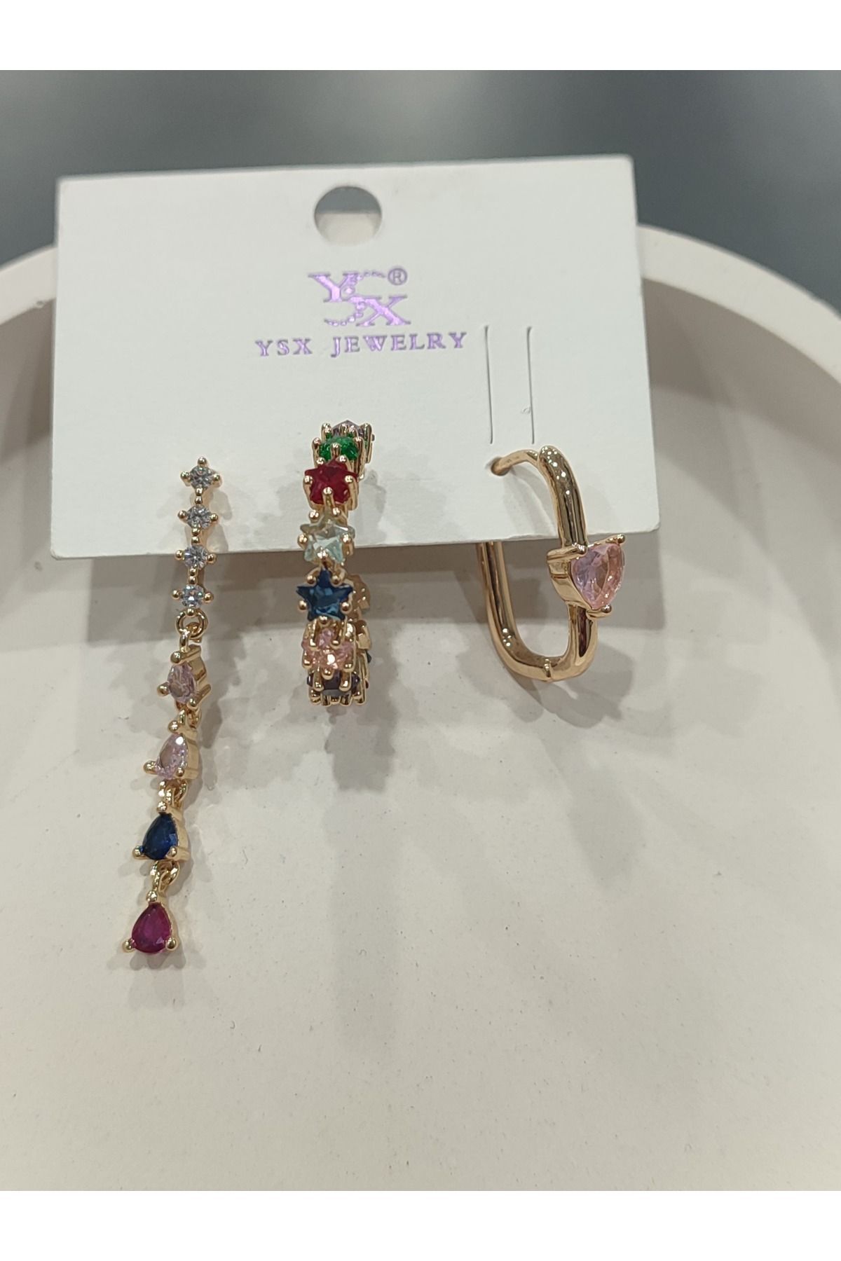 Bijuteri Gold Taşlı - İncili - Kalp ve Kelebek Desenli Sallantılı Çoklu Metal Kadın Küpe Jewelry