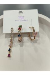 Bijuteri Gold Taşlı - İncili - Kalp ve Kelebek Desenli Sallantılı Çoklu Metal Kadın Küpe Jewelry