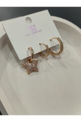 Bijuteri Gold Taşlı - İncili - Kalp ve Kelebek Desenli Sallantılı Çoklu Metal Kadın Küpe Jewelry
