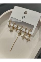 Bijuteri Gold Taşlı - İncili - Kalp ve Kelebek Desenli Sallantılı Çoklu Metal Kadın Küpe Jewelry