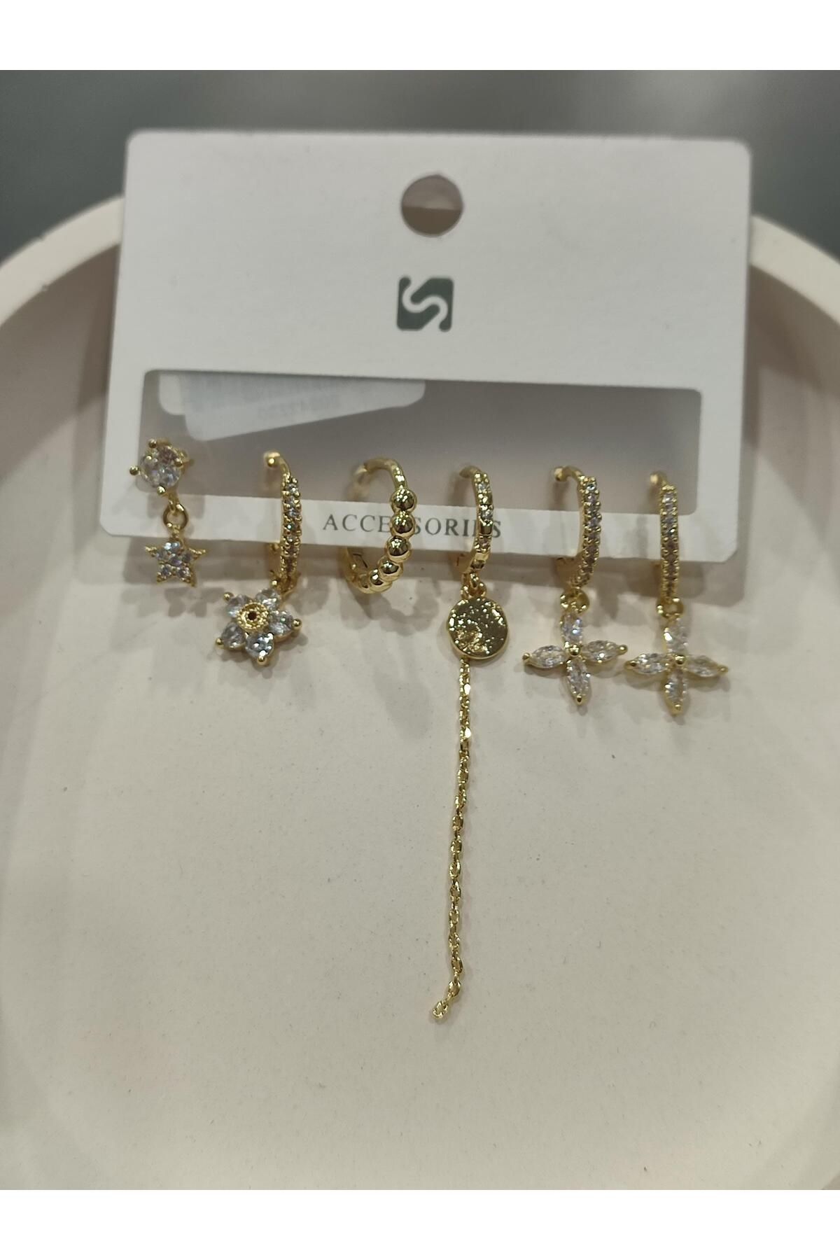 Bijuteri Gold Taşlı - İncili - Kalp ve Kelebek Desenli Sallantılı Çoklu Metal Kadın Küpe Jewelry
