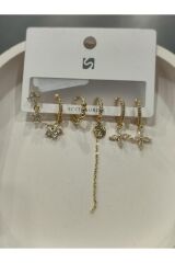 Bijuteri Gold Taşlı - İncili - Kalp ve Kelebek Desenli Sallantılı Çoklu Metal Kadın Küpe Jewelry