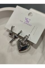 Bijuteri Gümüş Taşlı - İncili - Kalp ve Kelebek Desenli Sallantılı Çoklu Metal Kadın Küpe Jewelry
