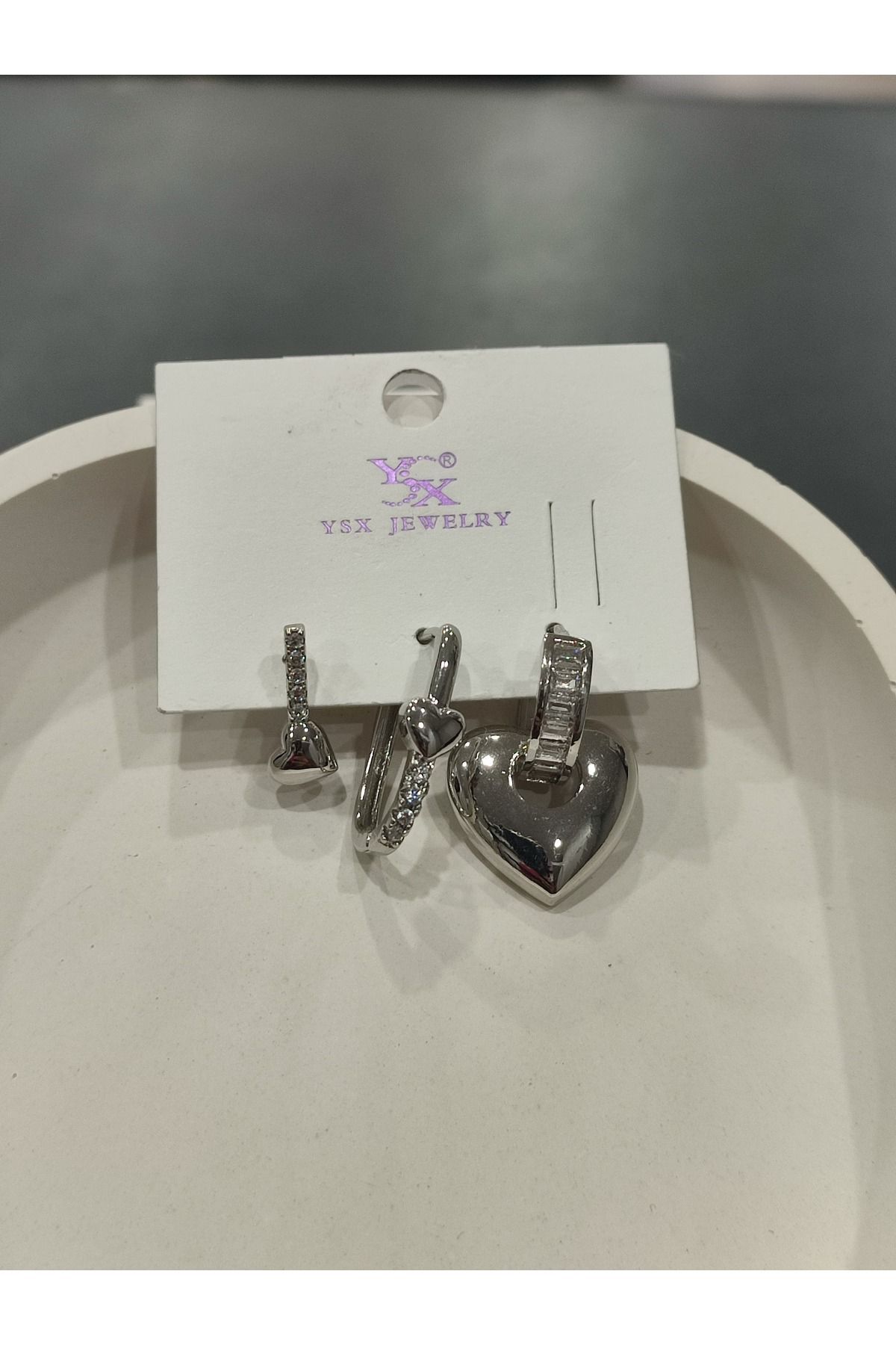 Bijuteri Gümüş Taşlı - İncili - Kalp ve Kelebek Desenli Sallantılı Çoklu Metal Kadın Küpe Jewelry