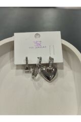 Bijuteri Gümüş Taşlı - İncili - Kalp ve Kelebek Desenli Sallantılı Çoklu Metal Kadın Küpe Jewelry