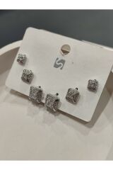 Bijuteri Gümüş Taşlı - İncili - Kalp ve Kelebek Desenli Sallantılı Çoklu Metal Kadın Küpe Jewelry