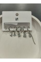 Bijuteri Gümüş Taşlı - İncili - Kalp ve Kelebek Desenli Sallantılı Çoklu Metal Kadın Küpe Jewelry