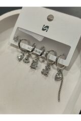 Bijuteri Gümüş Taşlı - İncili - Kalp ve Kelebek Desenli Sallantılı Çoklu Metal Kadın Küpe Jewelry