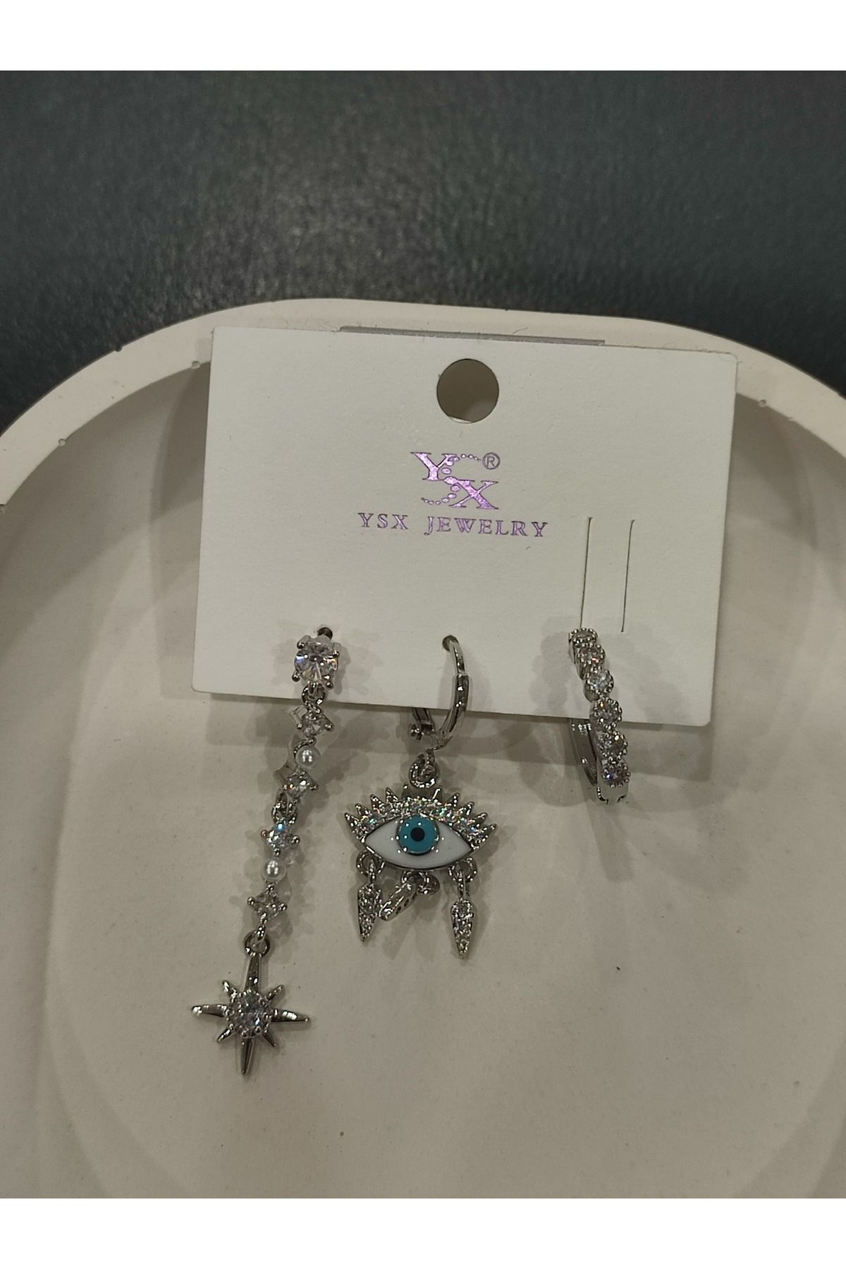 Bijuteri Gümüş Taşlı - İncili - Kalp ve Kelebek Desenli Sallantılı Çoklu Metal Kadın Küpe Jewelry