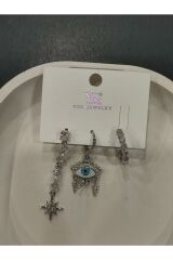 Bijuteri Gümüş Taşlı - İncili - Kalp ve Kelebek Desenli Sallantılı Çoklu Metal Kadın Küpe Jewelry