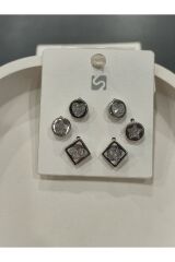 Bijuteri Gümüş Taşlı - İncili - Kalp ve Kelebek Desenli Sallantılı Çoklu Metal Kadın Küpe Jewelry