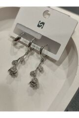 Bijuteri Gümüş Taşlı - İncili - Kalp ve Kelebek Desenli Sallantılı Çoklu Metal Kadın Küpe Jewelry