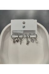 Bijuteri Gümüş Taşlı - İncili - Kalp ve Kelebek Desenli Sallantılı Çoklu Metal Kadın Küpe Jewelry