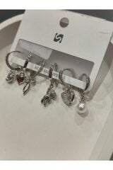 Bijuteri Gümüş Taşlı - İncili - Kalp ve Kelebek Desenli Sallantılı Çoklu Metal Kadın Küpe Jewelry