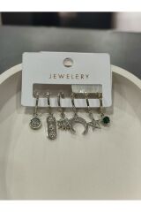 Bijuteri Gümüş Taşlı - İncili - Kalp ve Kelebek Desenli Sallantılı Çoklu Metal Kadın Küpe Jewelry