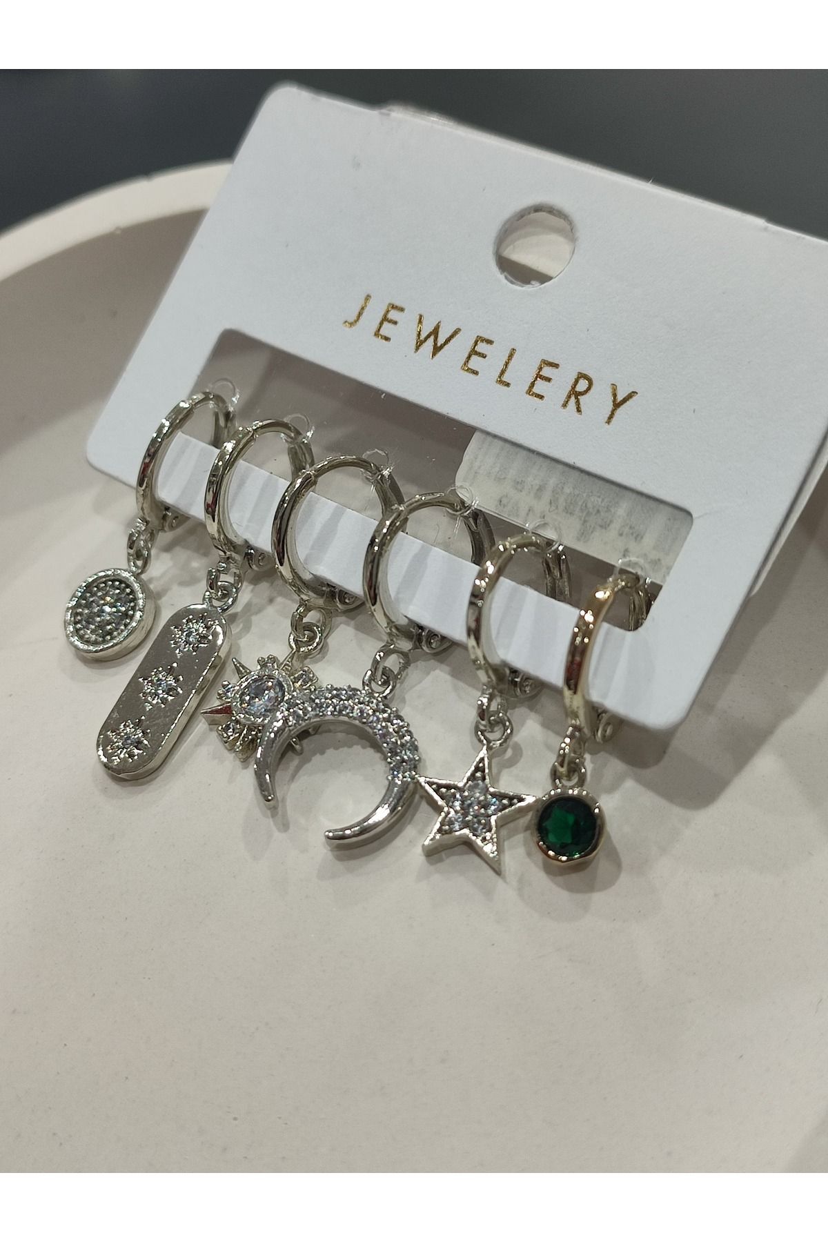 Bijuteri Gümüş Taşlı - İncili - Kalp ve Kelebek Desenli Sallantılı Çoklu Metal Kadın Küpe Jewelry