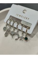 Bijuteri Gümüş Taşlı - İncili - Kalp ve Kelebek Desenli Sallantılı Çoklu Metal Kadın Küpe Jewelry