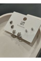 Bijuteri Gümüş Taşlı - İncili - Kalp ve Kelebek Desenli Sallantılı Çoklu Metal Kadın Küpe Jewelry