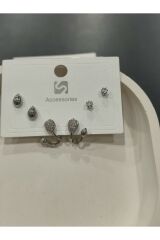 Bijuteri Gümüş Taşlı - İncili - Kalp ve Kelebek Desenli Sallantılı Çoklu Metal Kadın Küpe Jewelry
