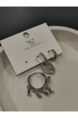 Bijuteri Gümüş Taşlı - İncili - Kalp ve Kelebek Desenli Sallantılı Çoklu Metal Kadın Küpe Jewelry