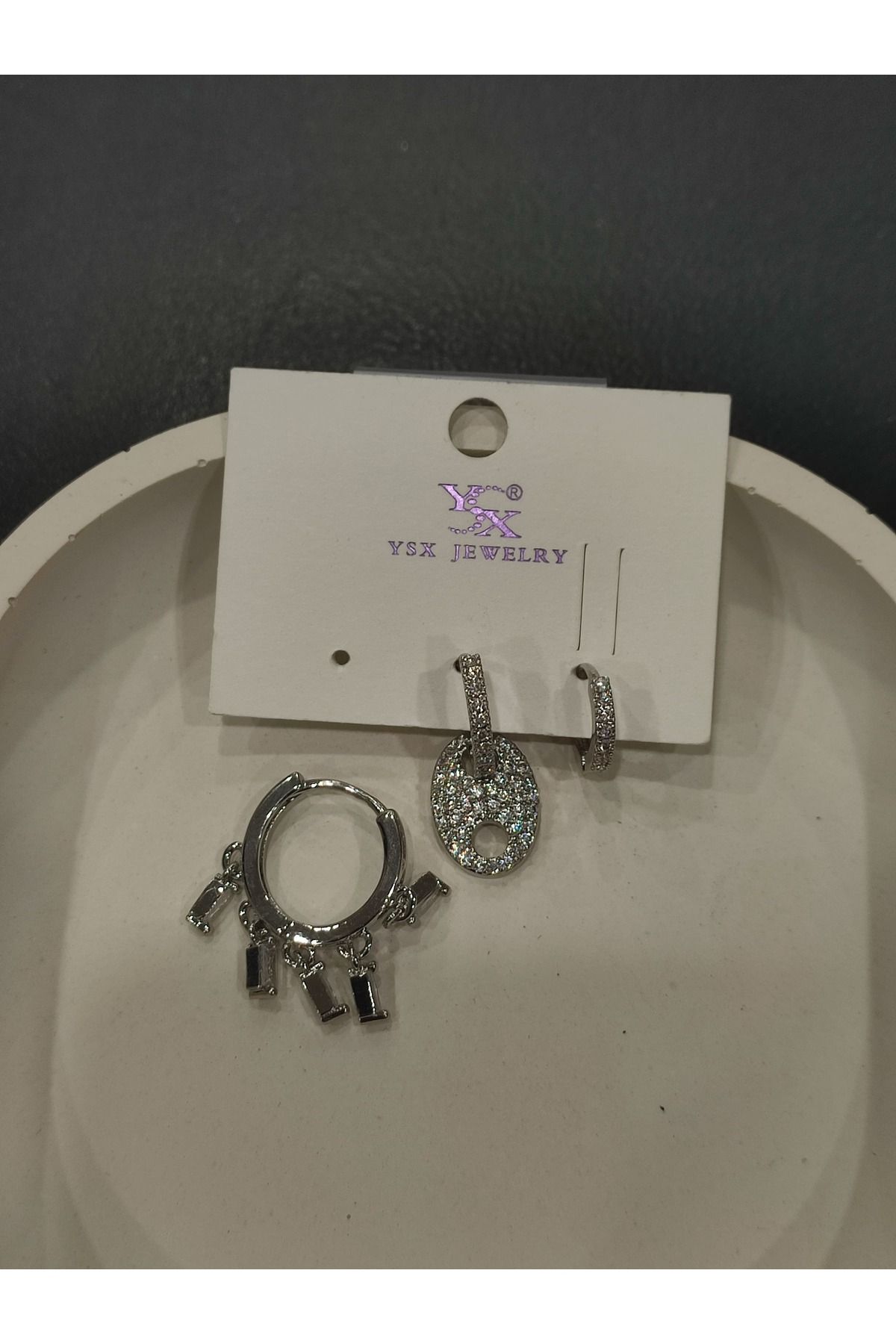 Bijuteri Gümüş Taşlı - İncili - Kalp ve Kelebek Desenli Sallantılı Çoklu Metal Kadın Küpe Jewelry