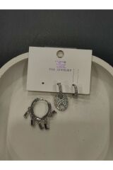 Bijuteri Gümüş Taşlı - İncili - Kalp ve Kelebek Desenli Sallantılı Çoklu Metal Kadın Küpe Jewelry