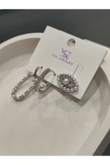 Bijuteri Gümüş Taşlı - İncili - Kalp ve Kelebek Desenli Sallantılı Çoklu Metal Kadın Küpe Jewelry